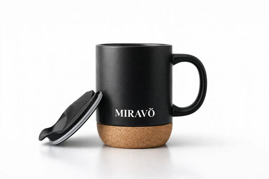 Close-up of the natural, non-slip cork base on the MIRAVO travel mug.