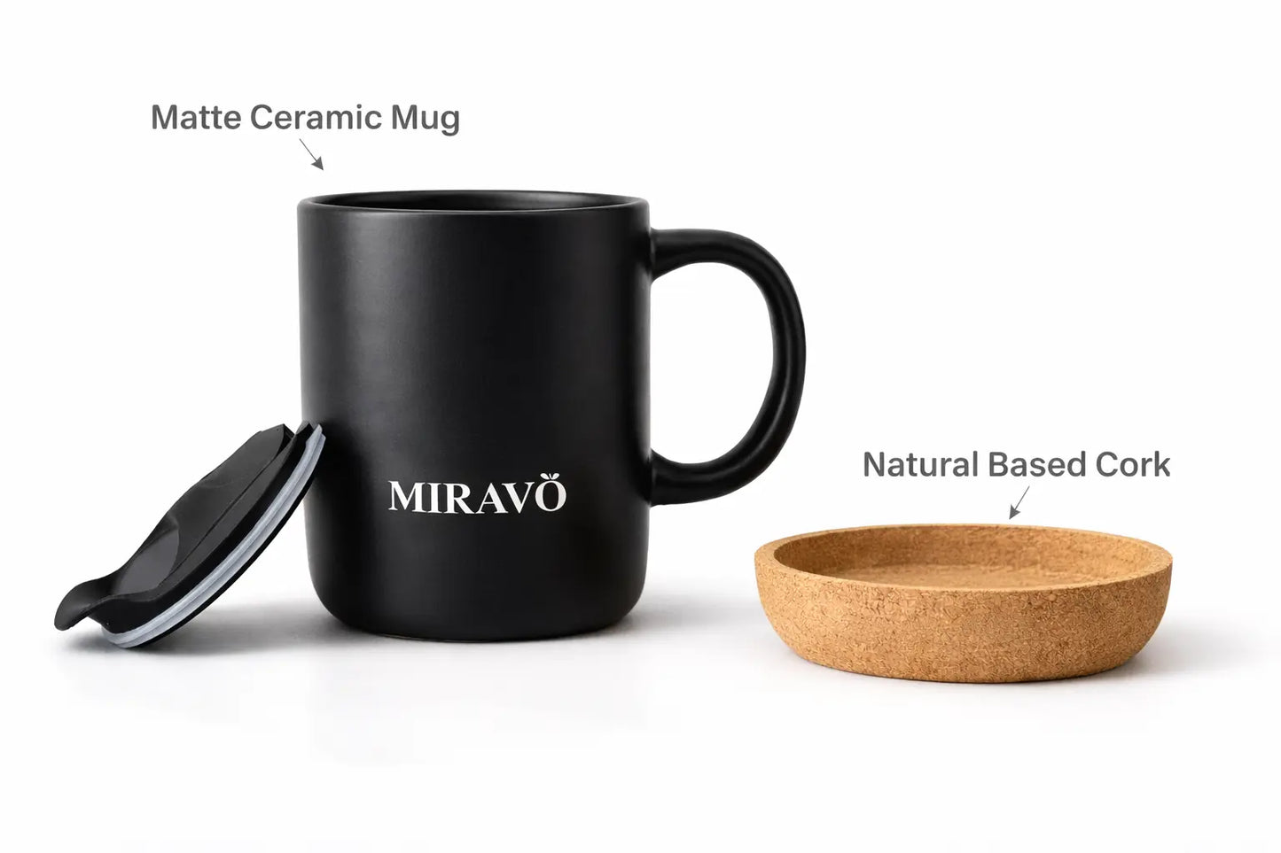 Close-up of the natural, non-slip cork base on the MIRAVO travel mug.