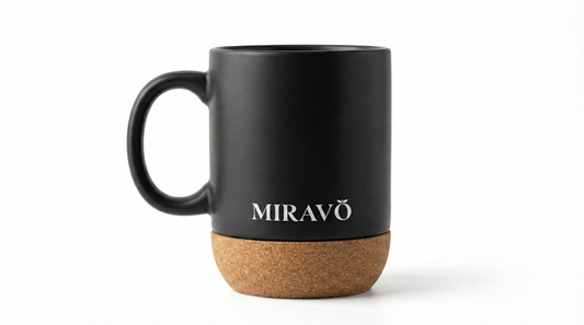 MIRAVO 400ml Cork Base Coffee Mug in Matte Black with splash-proof lid.
