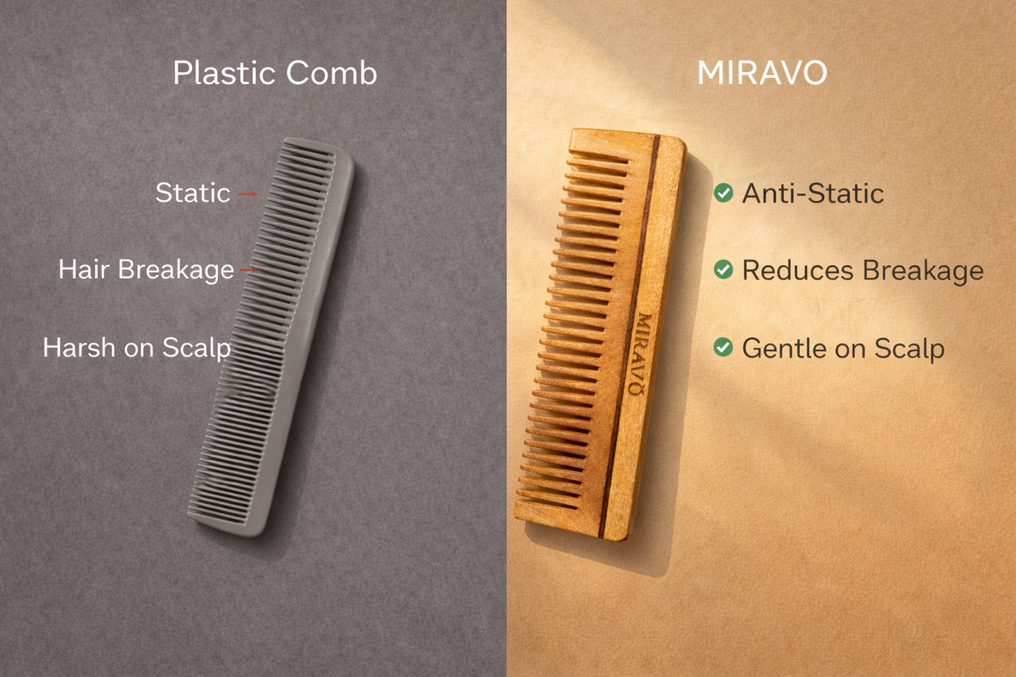 MIRAVO Neem Wood Comb – Oil Treated | Anti Hair Fall | Handmade & Eco-Friendly