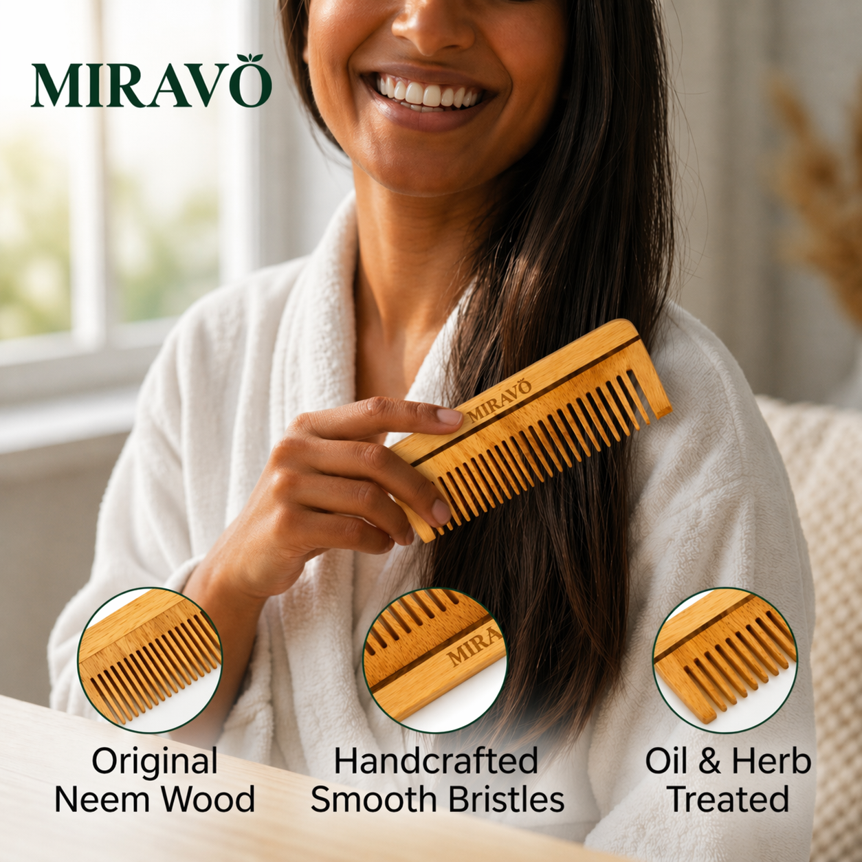 MIRAVO Neem Wood Comb – Oil Treated | Anti Hair Fall | Handmade & Eco-Friendly