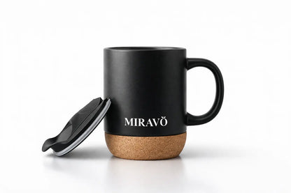 Close-up of the natural, non-slip cork base on the MIRAVO travel mug.
