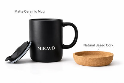 Close-up of the natural, non-slip cork base on the MIRAVO travel mug.